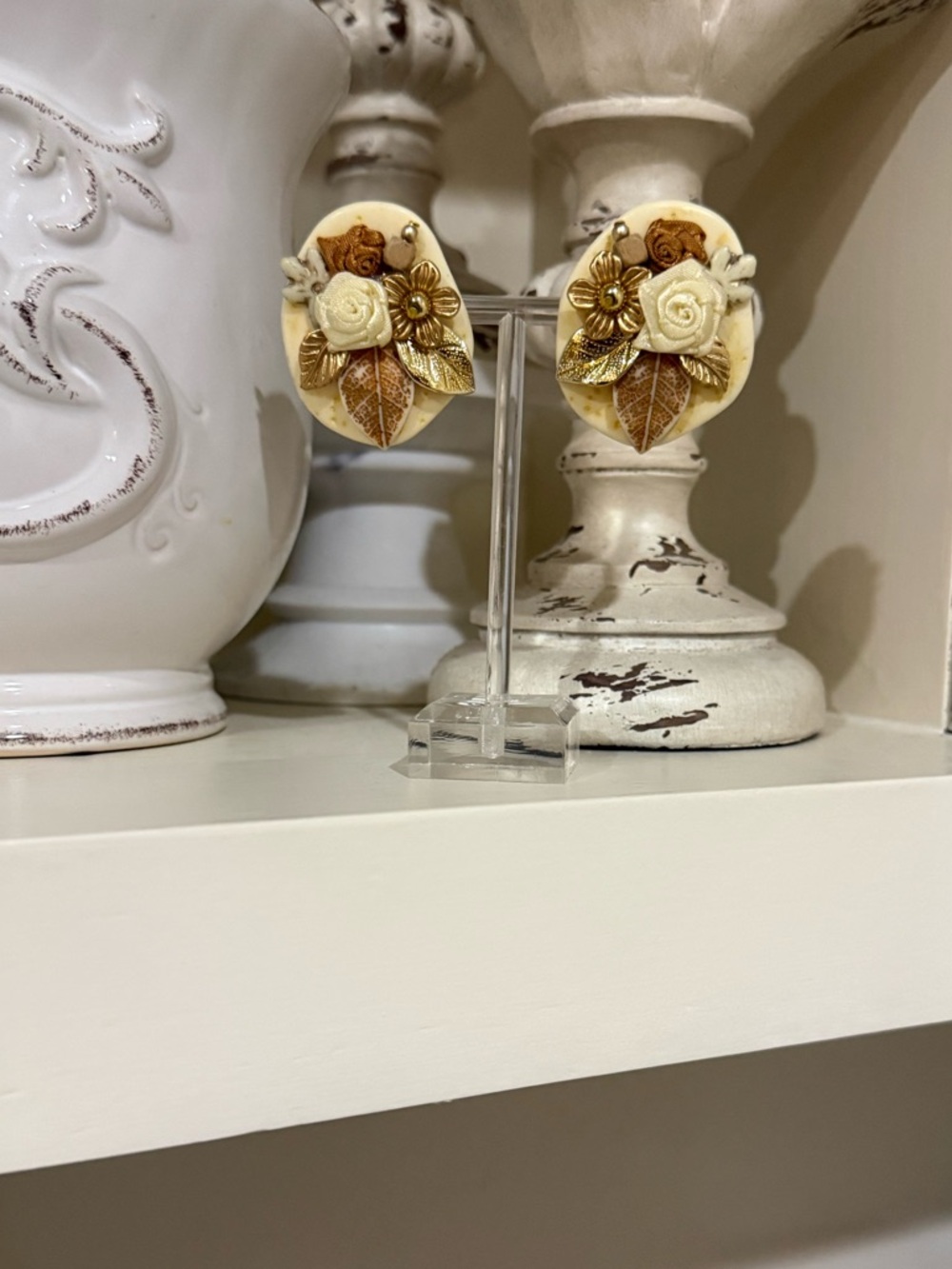 Vintage 3D Floral Design Clip-On Earrings with Gold Accents